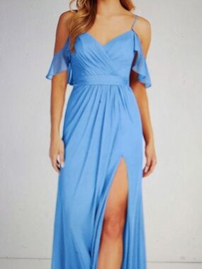 Azazie Light Blue Cold-Shoulder Maxi Dress with High Slit